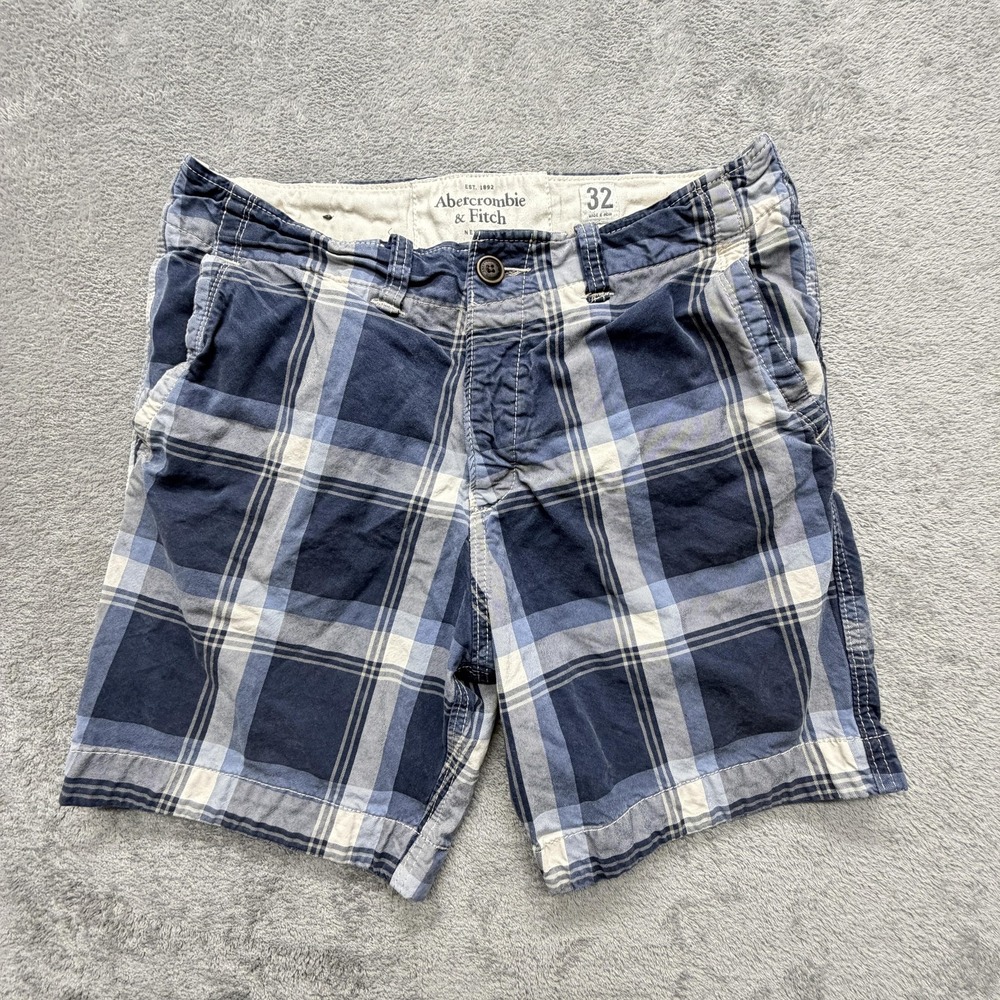 Abercrombie & Fitch Shorts Mens‎ Measured 34x7 Blue Plaid Chino Cotton
